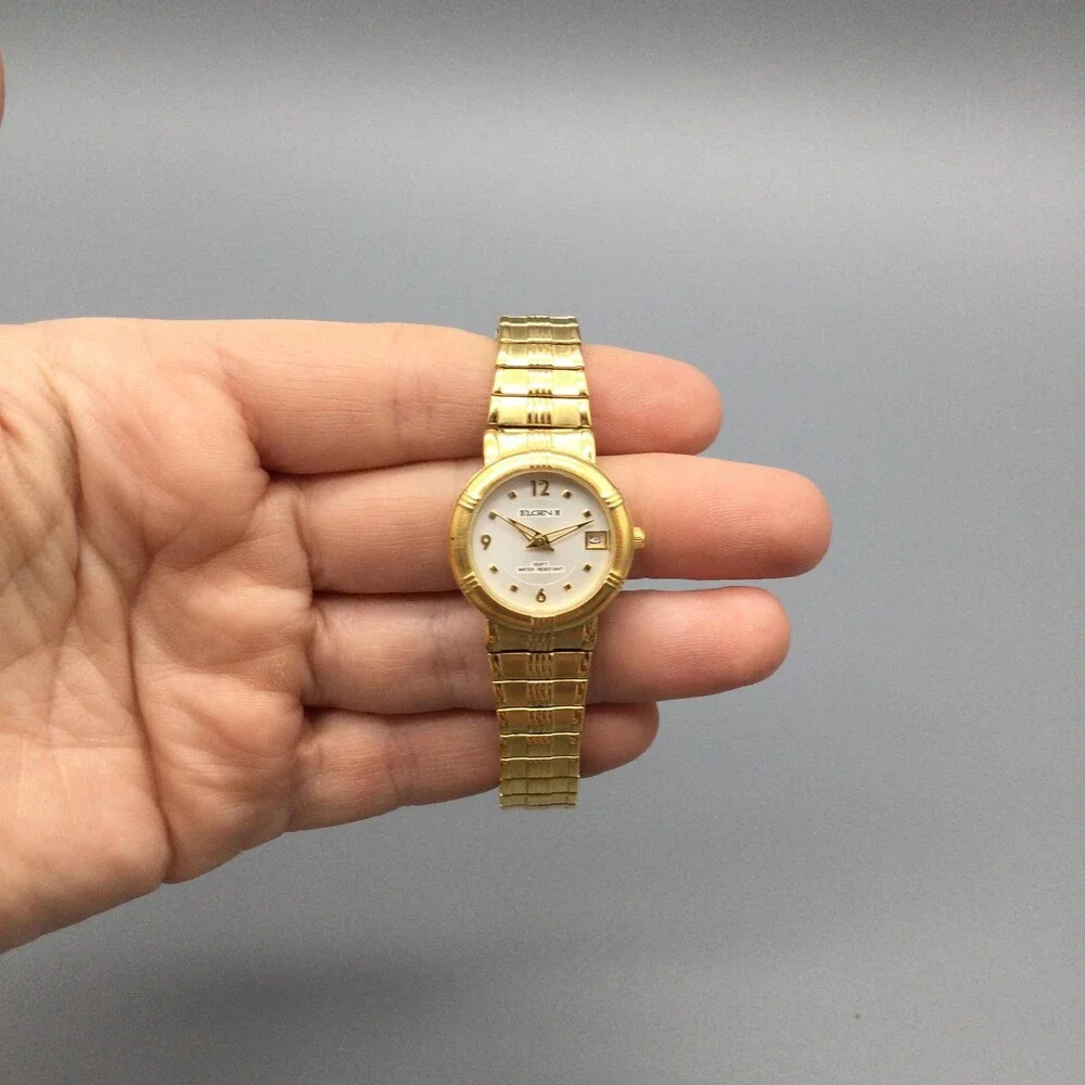 Elgin C1860 Womens Watch 25mm White Dial Gold Tone Expansion Date New Battery